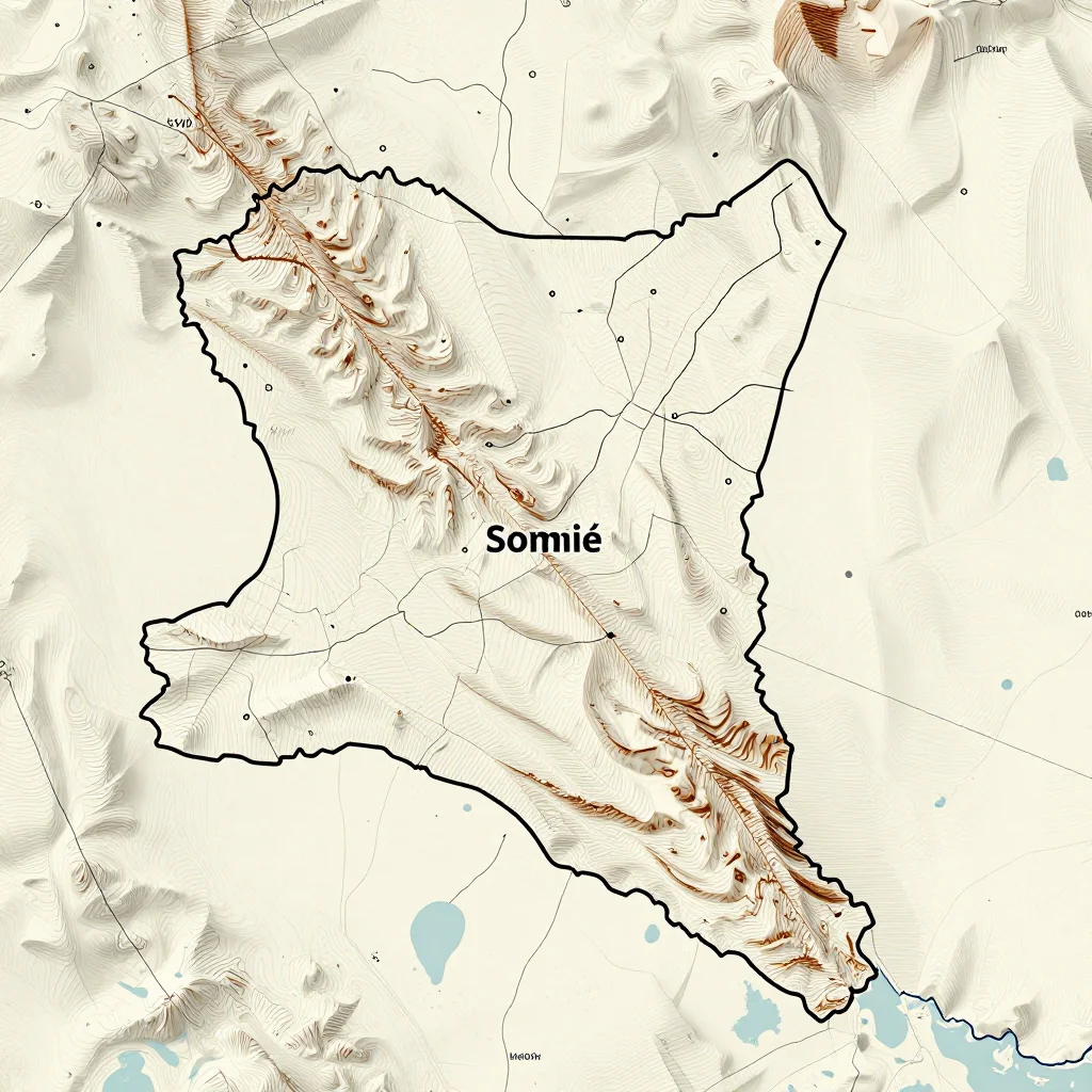 3D topographic map showing elevation contours, mountain ranges, and terrain features of Somié, Cameroon