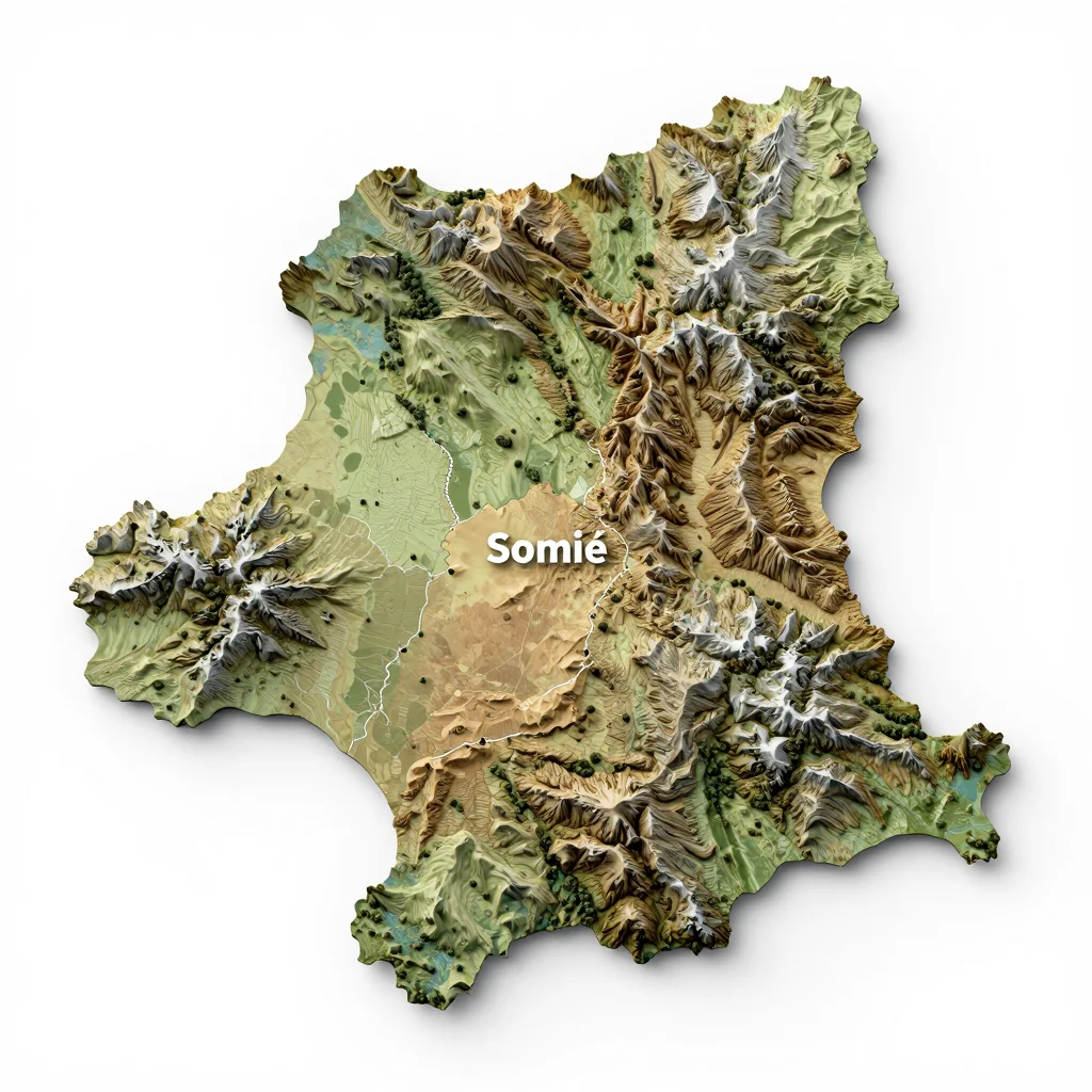 Isometric 3D topographic visualization showing elevation and terrain of Somié, Cameroon