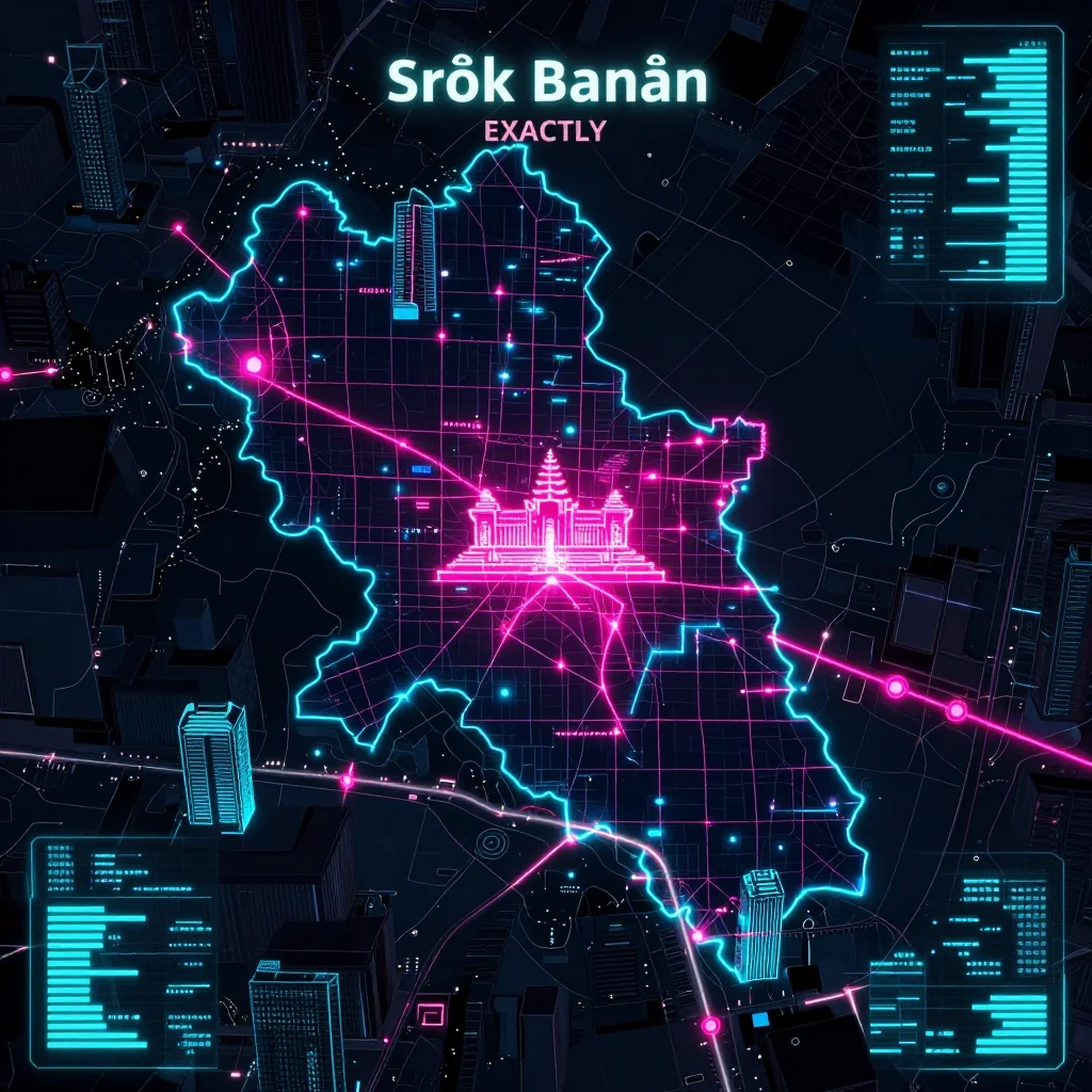 Cyberpunk style digital map of Srŏk Banăn, Cambodia with neon grid lines and futuristic UI design