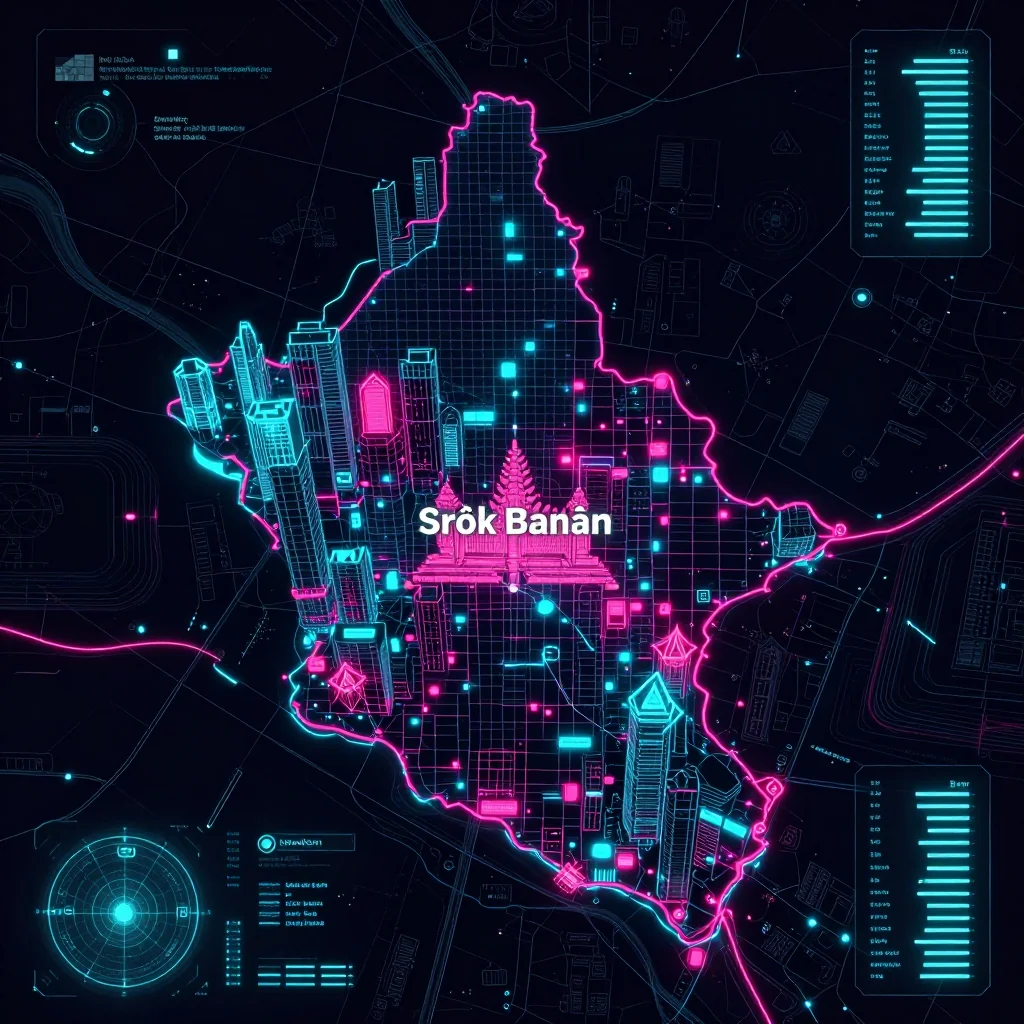 Futuristic Cyberpunk Map of Srŏk Banăn, Cambodia Cyberpunk style digital map of Srŏk Banăn, Cambodia with neon grid lines and futuristic UI design