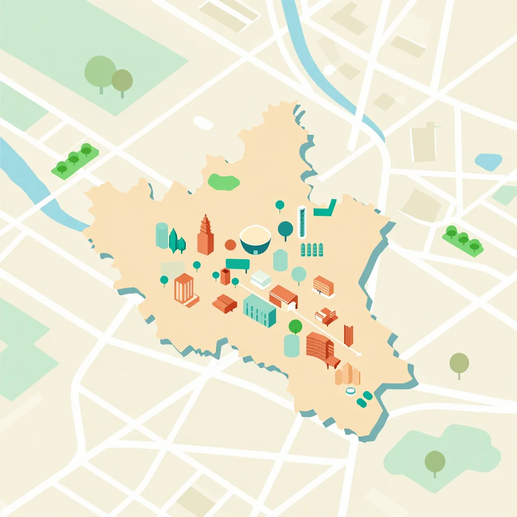 Isometric flat design tourist map of Srŏk Banăn, Cambodia showing landmarks, attractions, and points of interest