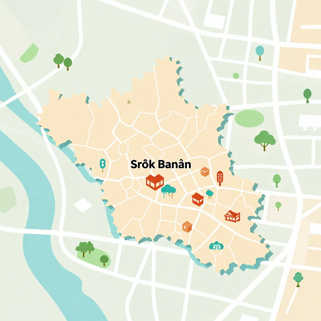 Isometric Tourist Map of Srŏk Banăn, Cambodia - Flat Design Isometric flat design tourist map of Srŏk Banăn, Cambodia showing landmarks, attractions, and points of interest