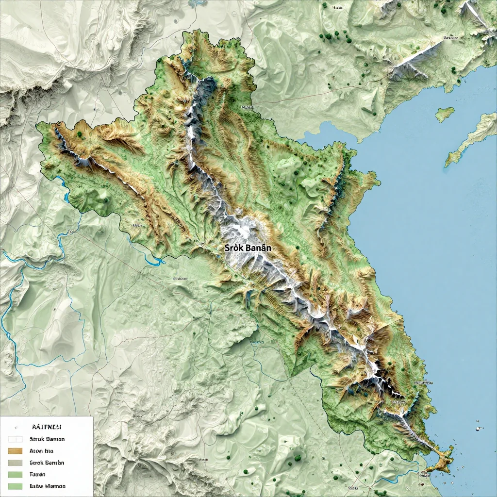 Physical geography map showing terrain, mountains, rivers, and natural features of Srŏk Banăn, Cambodia
