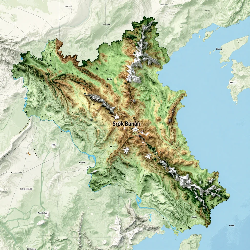 Physical Geography Map of Srŏk Banăn, Cambodia Physical geography map showing terrain, mountains, rivers, and natural features of Srŏk Banăn, Cambodia