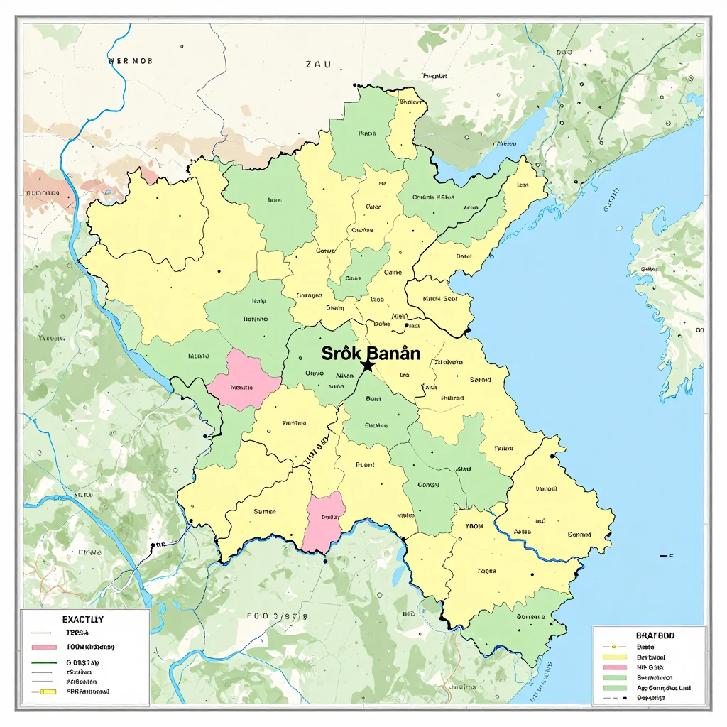 Political map showing borders, administrative divisions, major cities, and capital of Srŏk Banăn, Cambodia