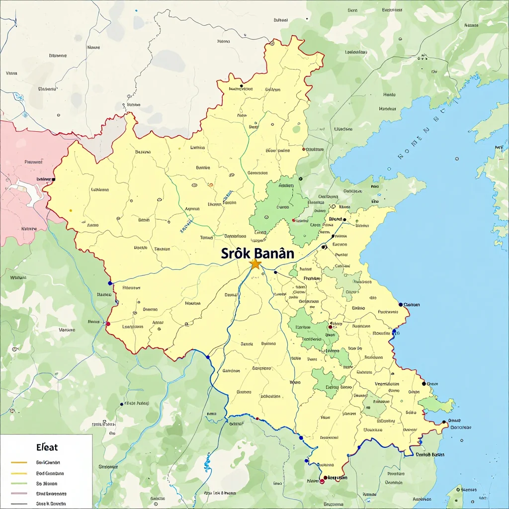 Political Map of Srŏk Banăn, Cambodia - Administrative Boundaries Political map showing borders, administrative divisions, major cities, and capital of Srŏk Banăn, Cambodia