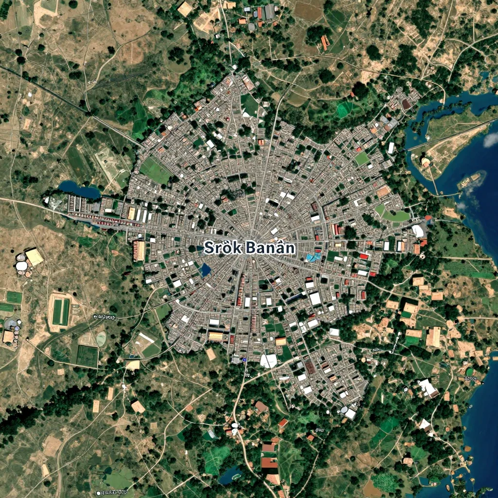 High-resolution satellite image of Srŏk Banăn, Cambodia showing land cover, urban areas, and natural features from space