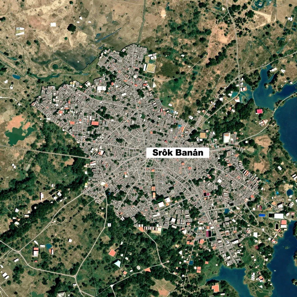 Satellite View of Srŏk Banăn, Cambodia from Space High-resolution satellite image of Srŏk Banăn, Cambodia showing land cover, urban areas, and natural features from space