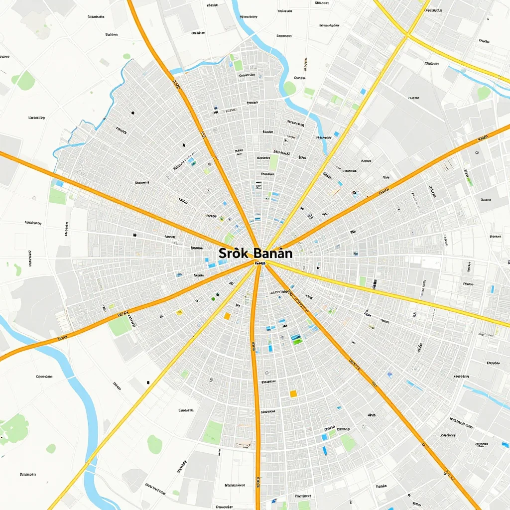 Detailed street map showing roads, highways, neighborhoods, and urban layout of Srŏk Banăn, Cambodia