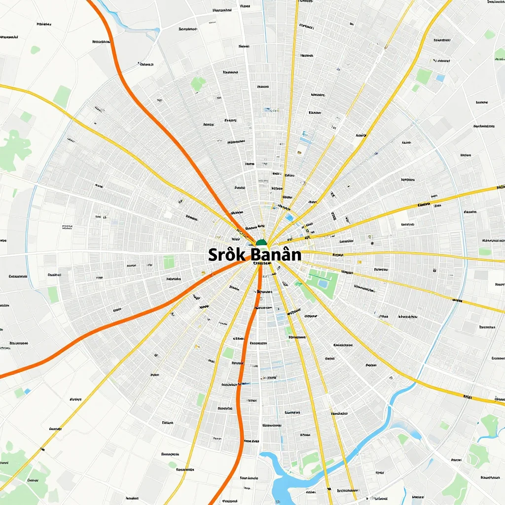 Street Map of Srŏk Banăn, Cambodia - Road Network Detailed street map showing roads, highways, neighborhoods, and urban layout of Srŏk Banăn, Cambodia