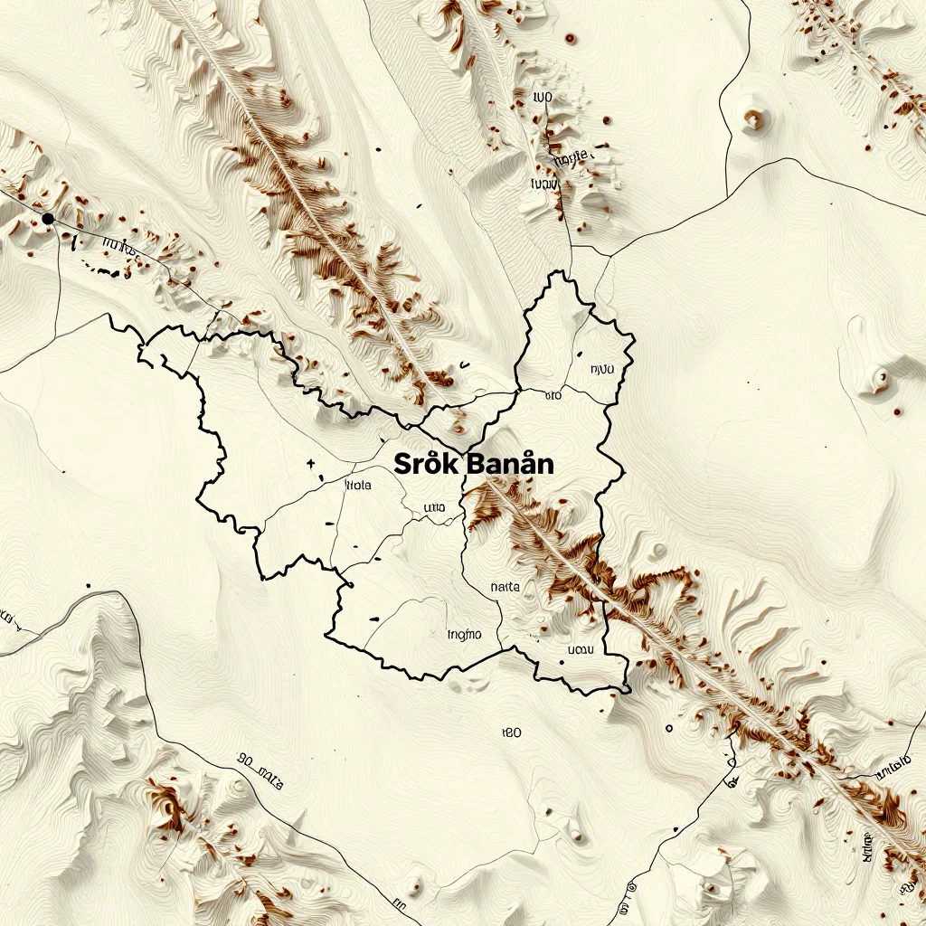 3D topographic map showing elevation contours, mountain ranges, and terrain features of Srŏk Banăn, Cambodia