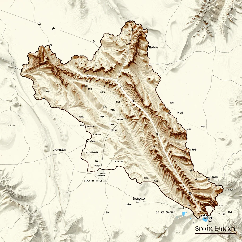 Topographic Relief Map of Srŏk Banăn, Cambodia 3D topographic map showing elevation contours, mountain ranges, and terrain features of Srŏk Banăn, Cambodia