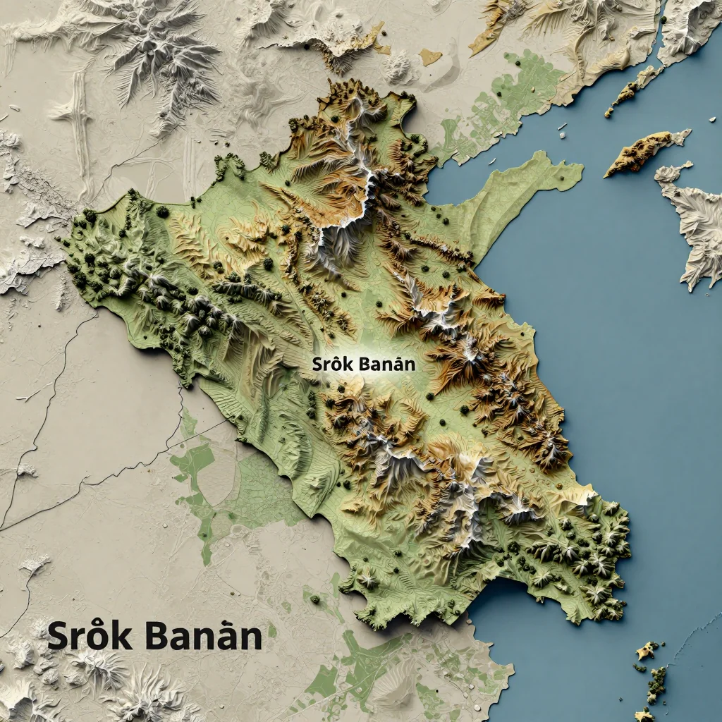 Isometric 3D topographic visualization showing elevation and terrain of Srŏk Banăn, Cambodia