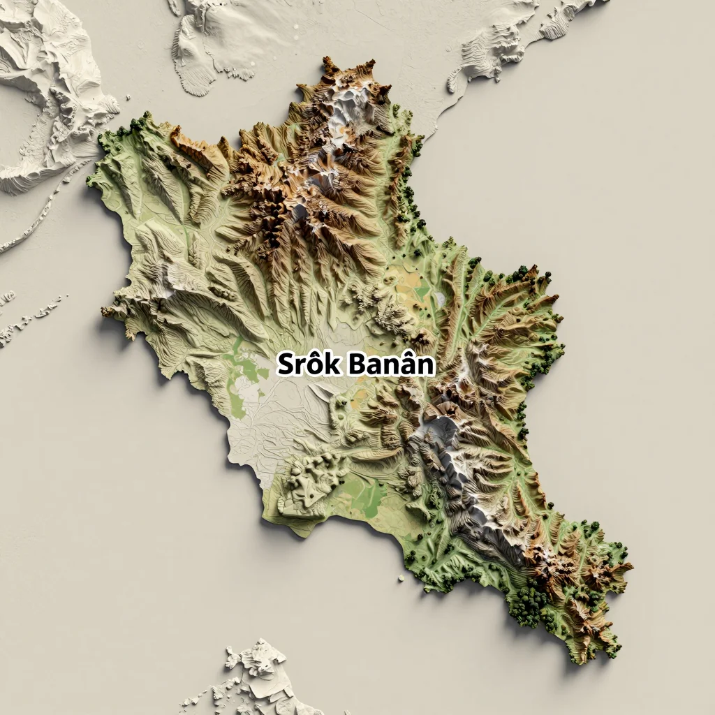 3D Isometric Topographic Map of Srŏk Banăn, Cambodia Isometric 3D topographic visualization showing elevation and terrain of Srŏk Banăn, Cambodia
