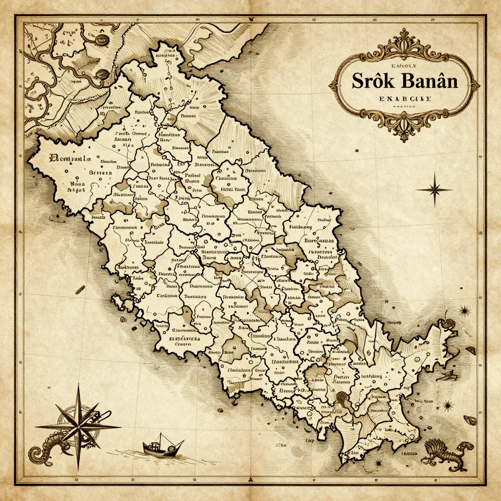 Antique vintage map of Srŏk Banăn, Cambodia showing historical cartography style