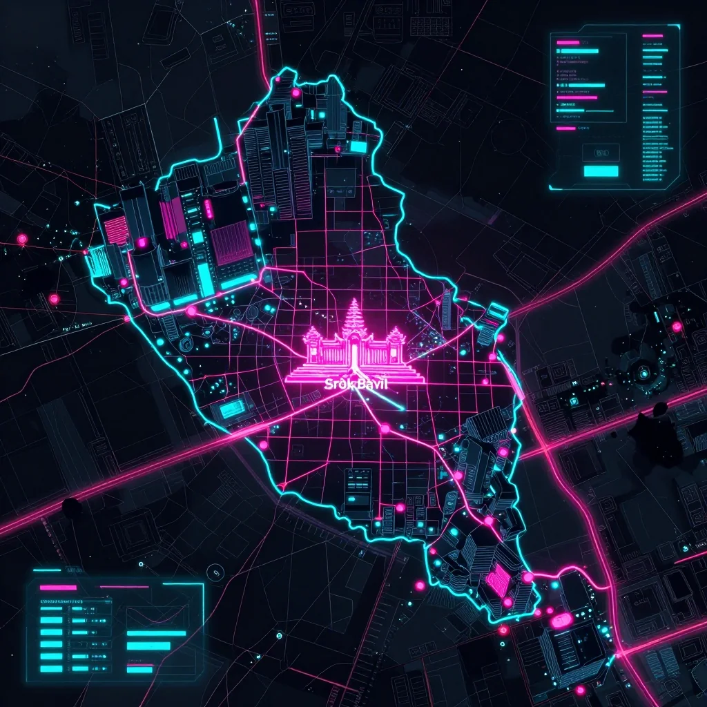 Cyberpunk style digital map of Srŏk Bâvĭl, Cambodia with neon grid lines and futuristic UI design