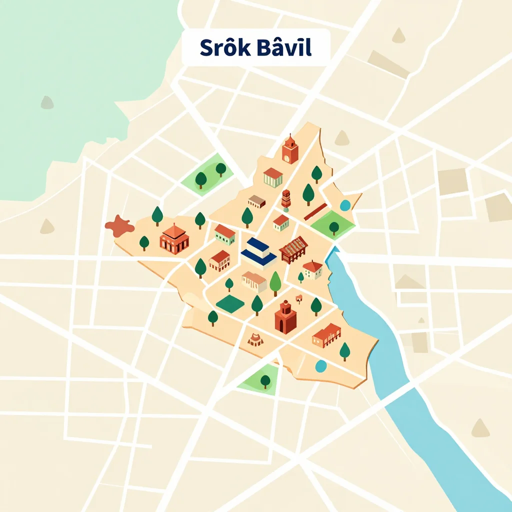 Isometric flat design tourist map of Srŏk Bâvĭl, Cambodia showing landmarks, attractions, and points of interest