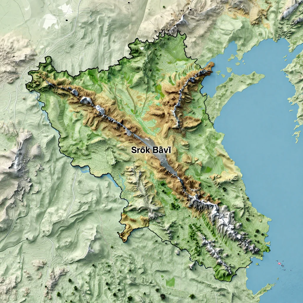 Physical geography map showing terrain, mountains, rivers, and natural features of Srŏk Bâvĭl, Cambodia