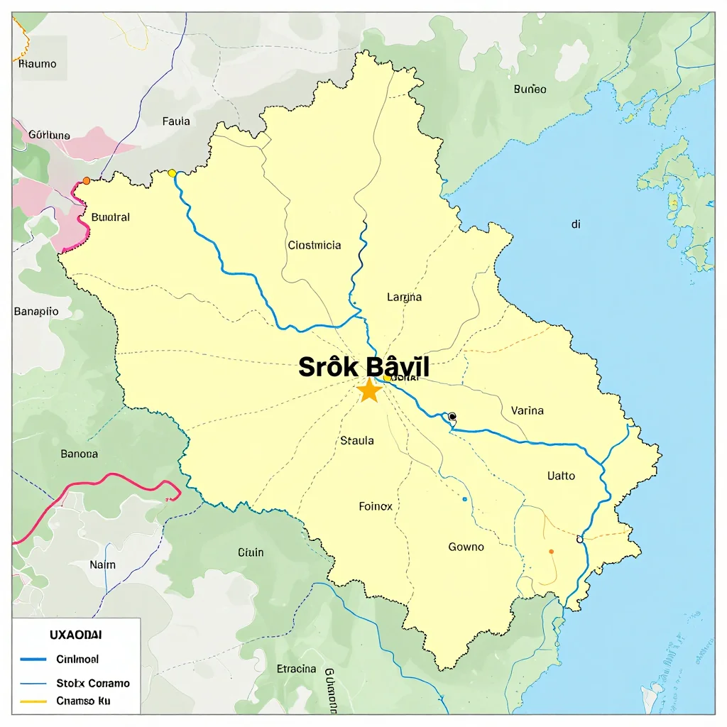 Political map showing borders, administrative divisions, major cities, and capital of Srŏk Bâvĭl, Cambodia