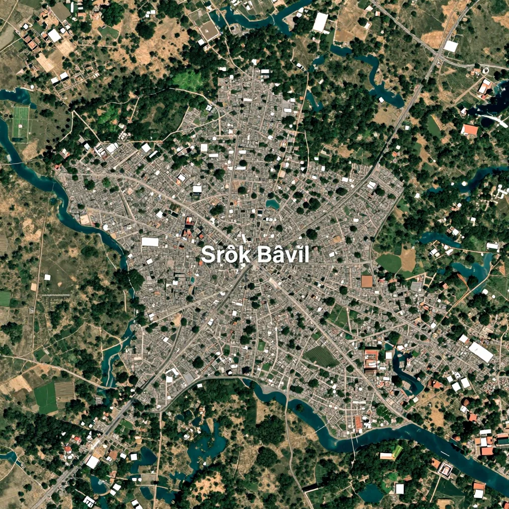 High-resolution satellite image of Srŏk Bâvĭl, Cambodia showing land cover, urban areas, and natural features from space