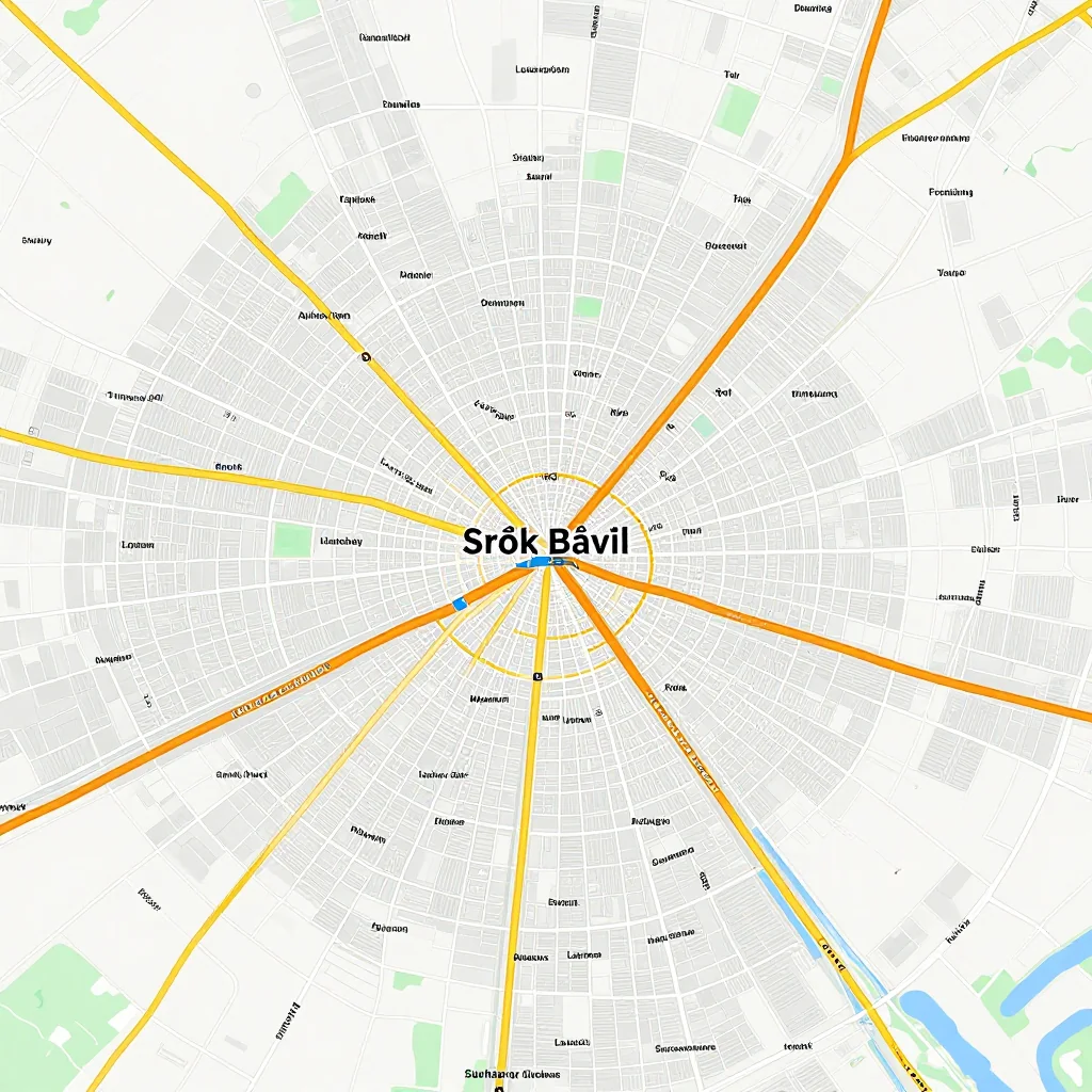 Detailed street map showing roads, highways, neighborhoods, and urban layout of Srŏk Bâvĭl, Cambodia