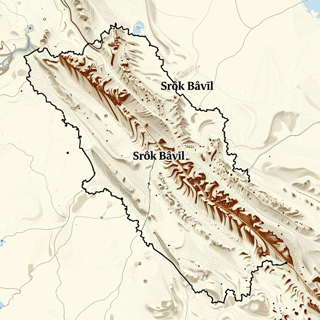 3D topographic map showing elevation contours, mountain ranges, and terrain features of Srŏk Bâvĭl, Cambodia