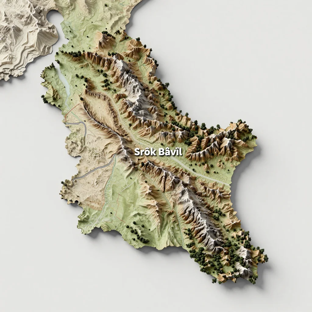 Isometric 3D topographic visualization showing elevation and terrain of Srŏk Bâvĭl, Cambodia