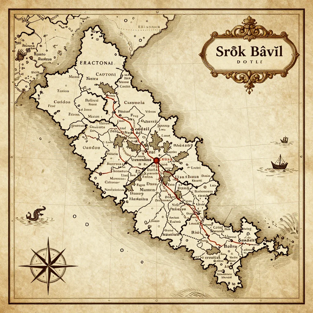 Antique vintage map of Srŏk Bâvĭl, Cambodia showing historical cartography style