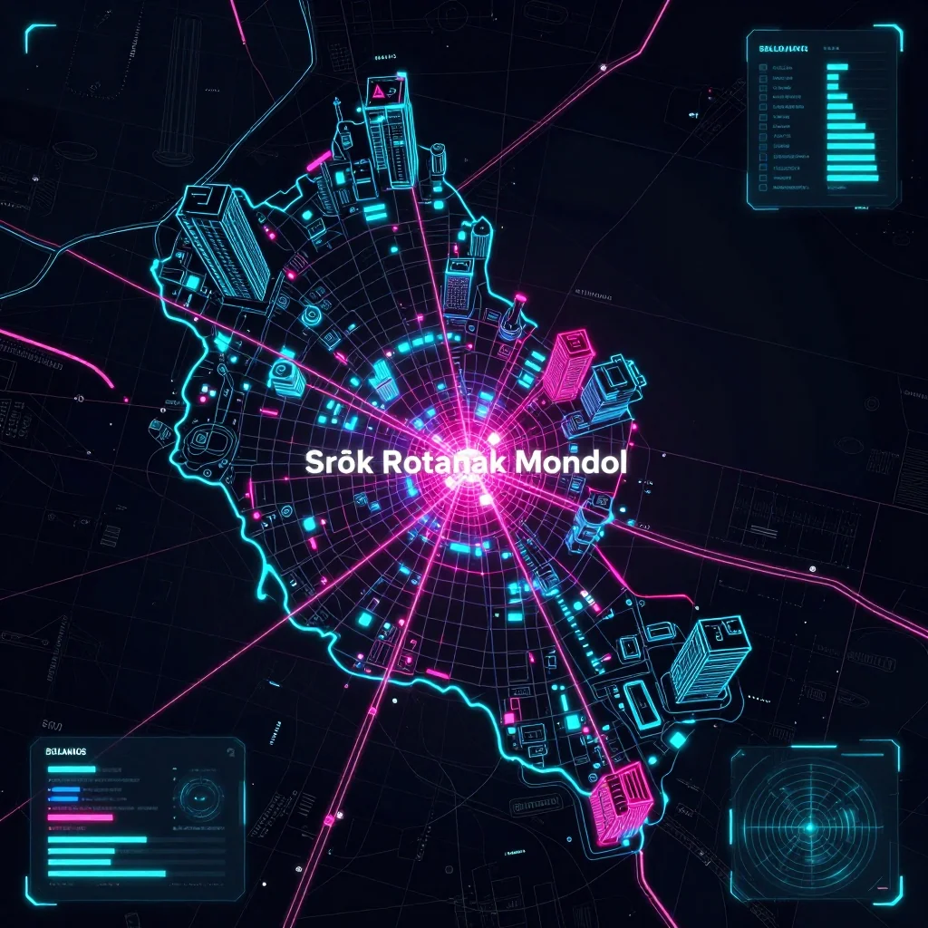 Cyberpunk style digital map of Srŏk Rotanak Mondol, Cambodia with neon grid lines and futuristic UI design