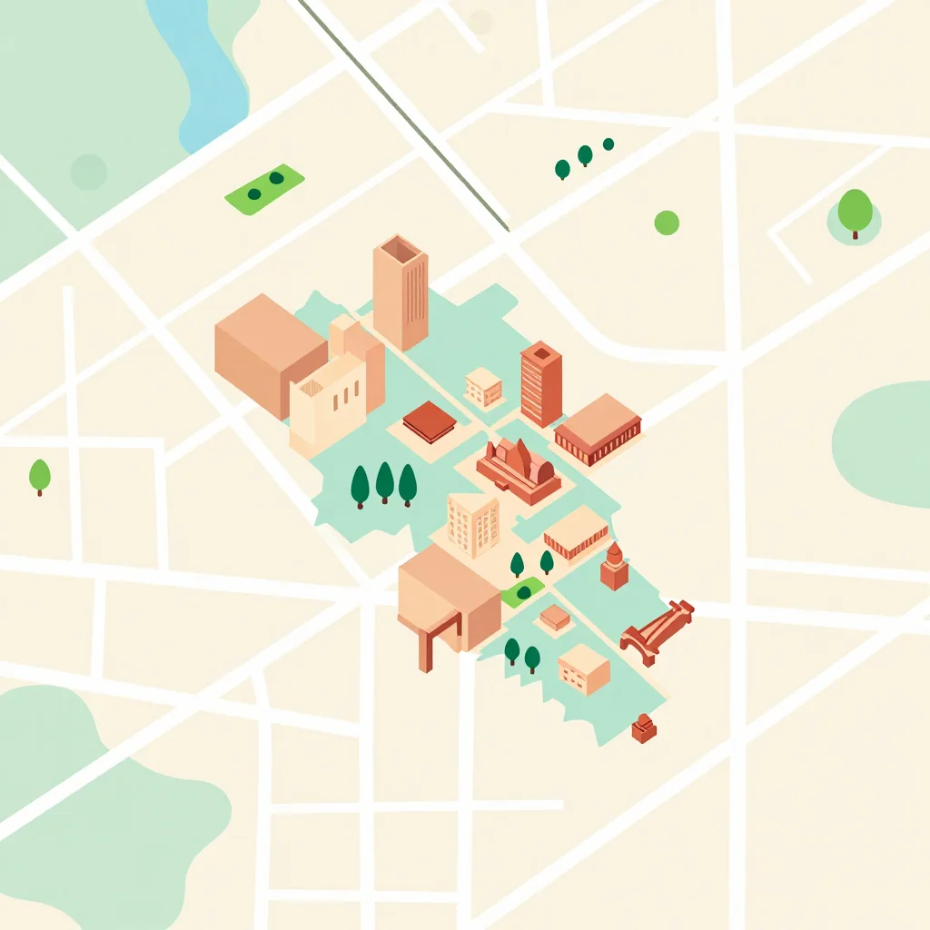 Isometric flat design tourist map of Srŏk Rotanak Mondol, Cambodia showing landmarks, attractions, and points of interest