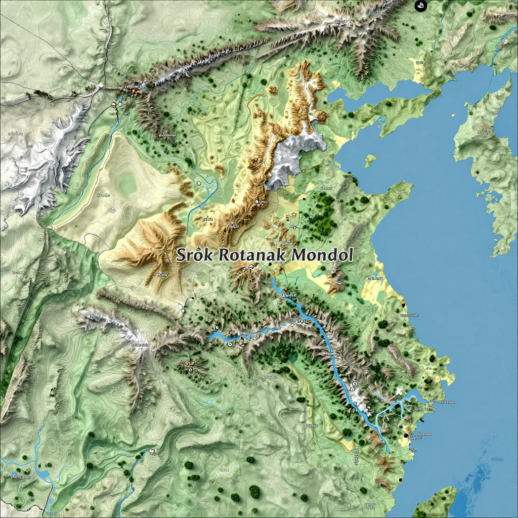 Physical geography map showing terrain, mountains, rivers, and natural features of Srŏk Rotanak Mondol, Cambodia