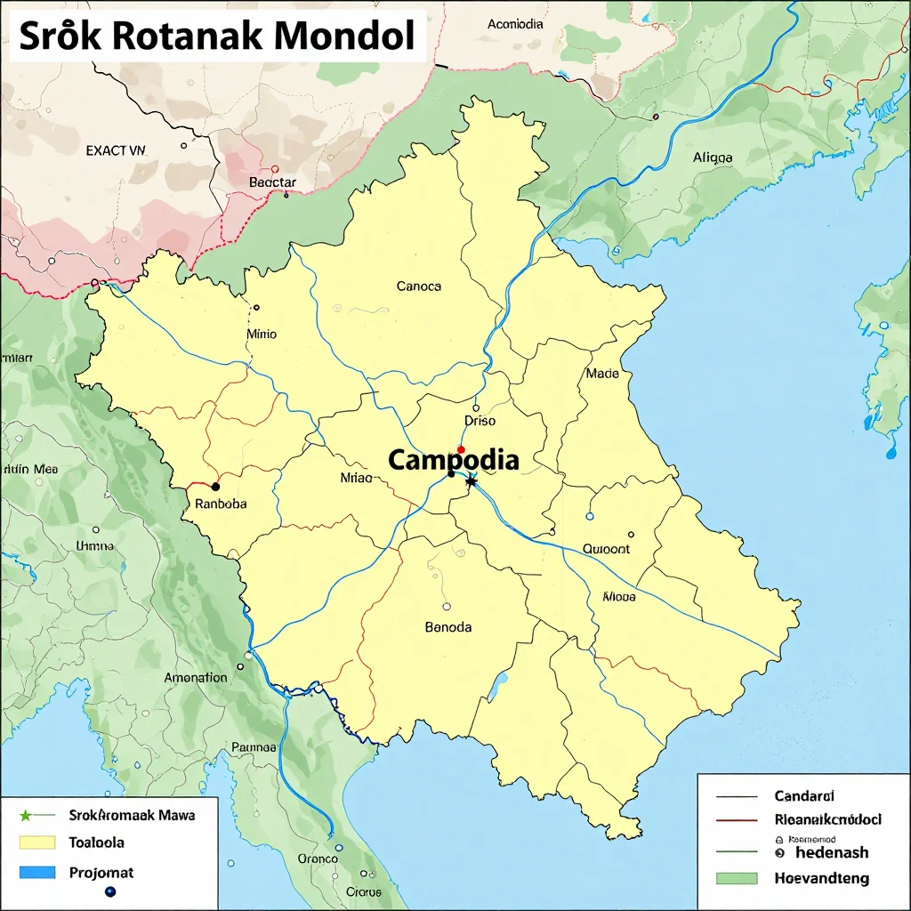 Political map showing borders, administrative divisions, major cities, and capital of Srŏk Rotanak Mondol, Cambodia