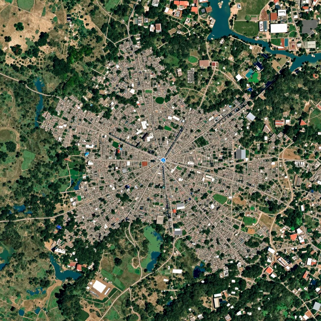 High-resolution satellite image of Srŏk Rotanak Mondol, Cambodia showing land cover, urban areas, and natural features from space