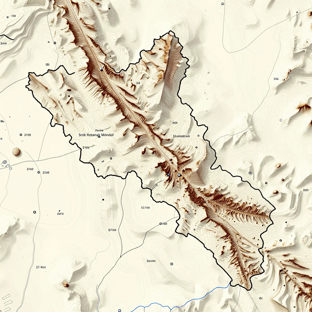 3D topographic map showing elevation contours, mountain ranges, and terrain features of Srŏk Rotanak Mondol, Cambodia