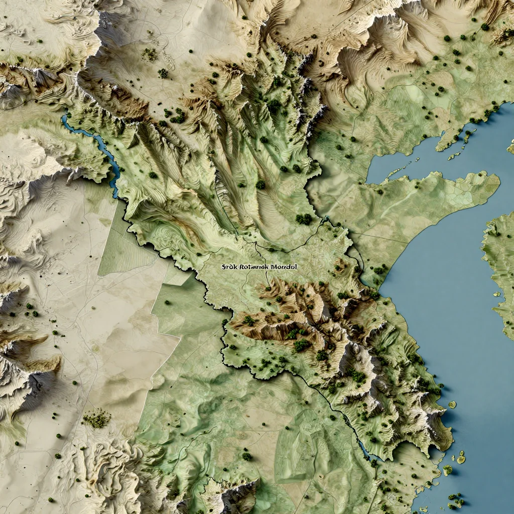 Isometric 3D topographic visualization showing elevation and terrain of Srŏk Rotanak Mondol, Cambodia
