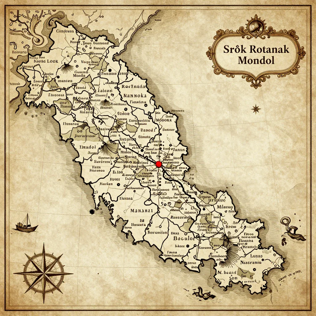 Antique vintage map of Srŏk Rotanak Mondol, Cambodia showing historical cartography style