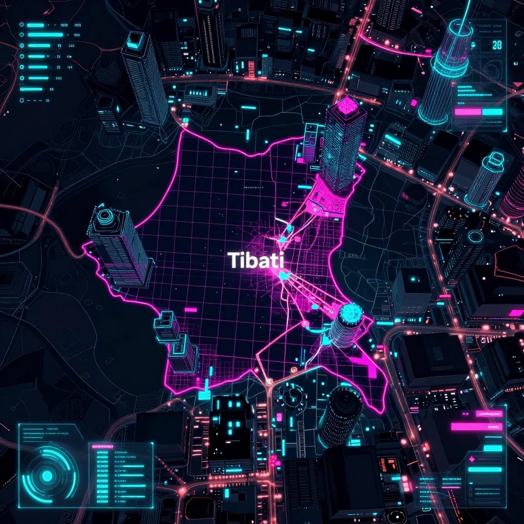Cyberpunk style digital map of Tibati, Cameroon with neon grid lines and futuristic UI design