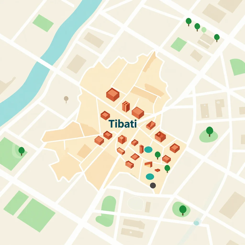 Isometric flat design tourist map of Tibati, Cameroon showing landmarks, attractions, and points of interest