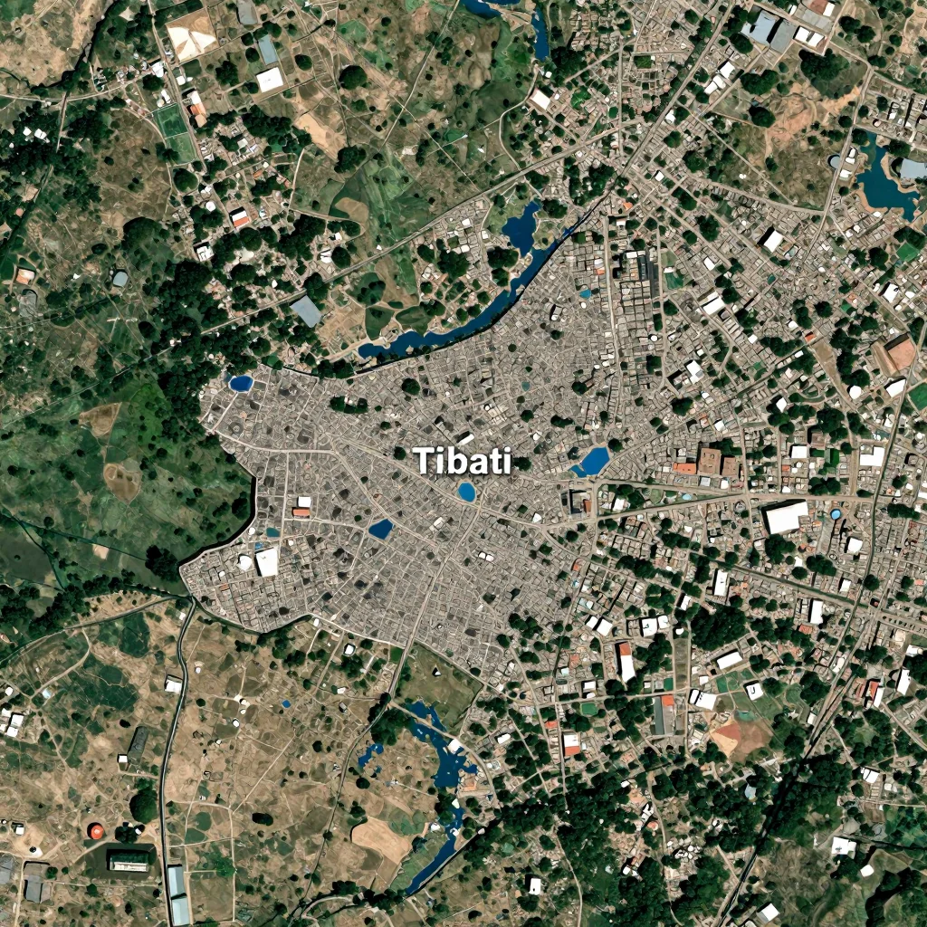 High-resolution satellite image of Tibati, Cameroon showing land cover, urban areas, and natural features from space