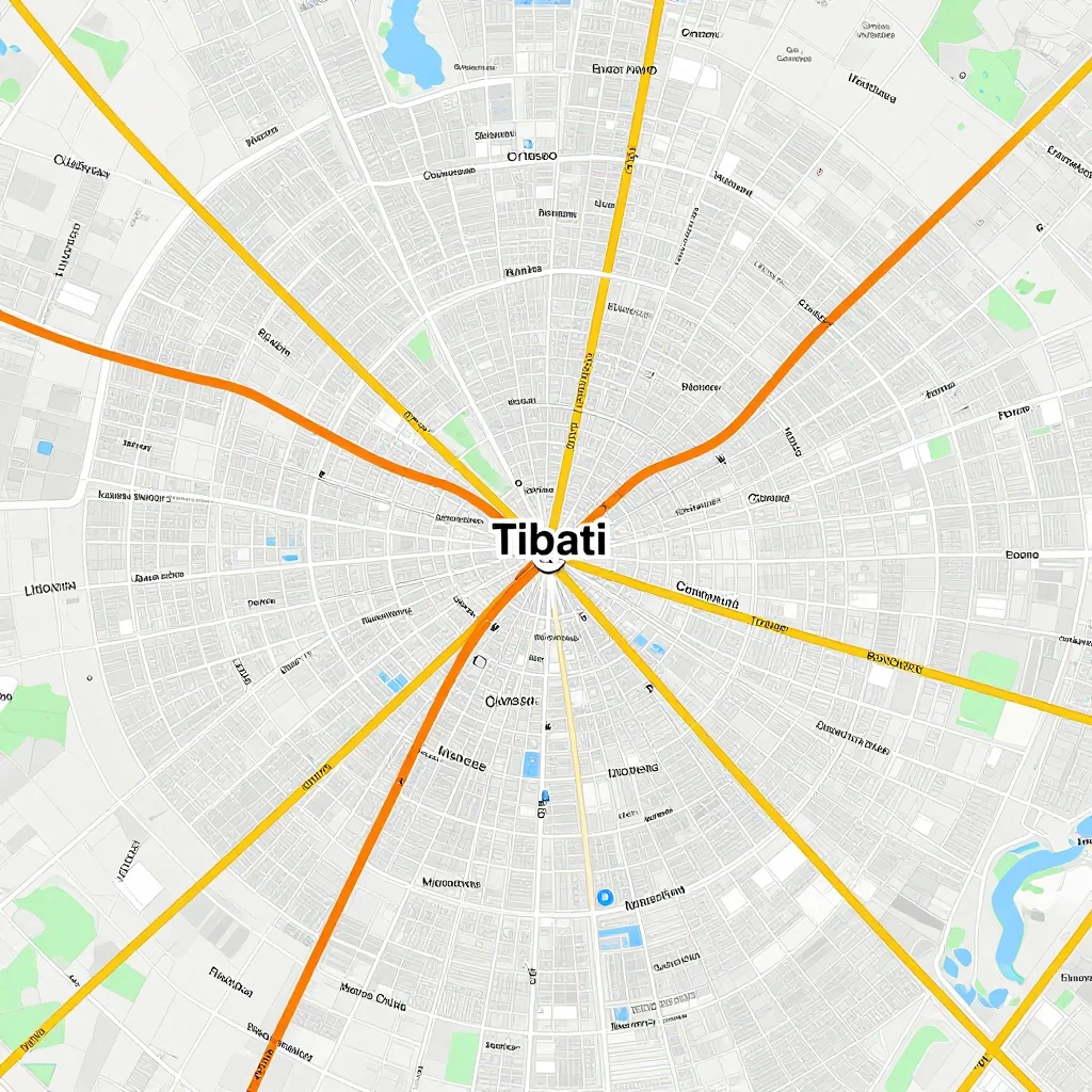 Detailed street map showing roads, highways, neighborhoods, and urban layout of Tibati, Cameroon