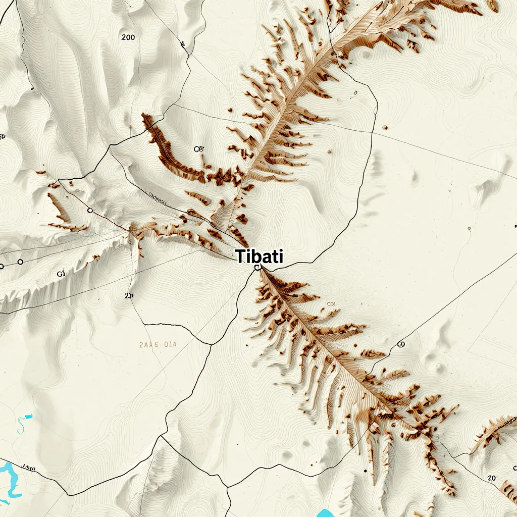 3D topographic map showing elevation contours, mountain ranges, and terrain features of Tibati, Cameroon