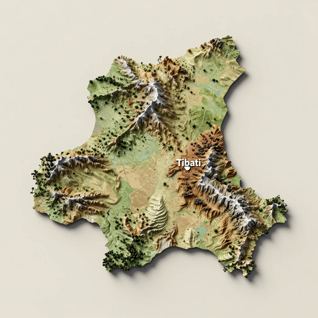 Isometric 3D topographic visualization showing elevation and terrain of Tibati, Cameroon