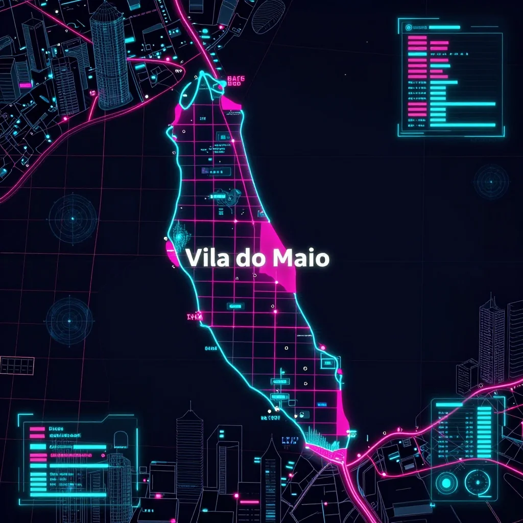 Cyberpunk style digital map of Vila do Maio, Cape Verde with neon grid lines and futuristic UI design
