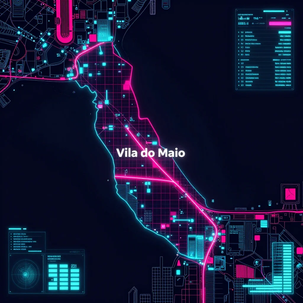 Cyberpunk style digital map of Vila do Maio, Cape Verde with neon grid lines and futuristic UI design