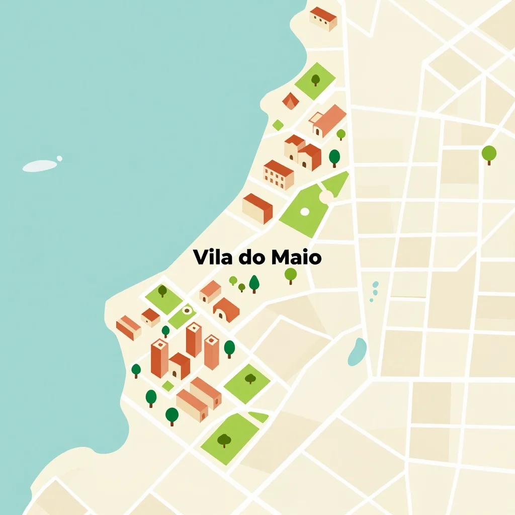 Isometric flat design tourist map of Vila do Maio, Cape Verde showing landmarks, attractions, and points of interest