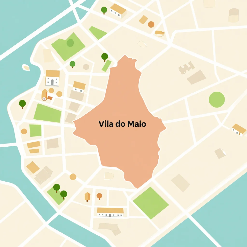 Isometric flat design tourist map of Vila do Maio, Cape Verde showing landmarks, attractions, and points of interest