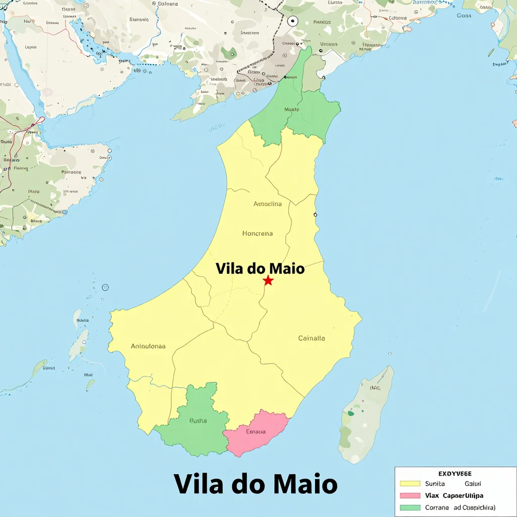 Political map showing borders, administrative divisions, major cities, and capital of Vila do Maio, Cape Verde
