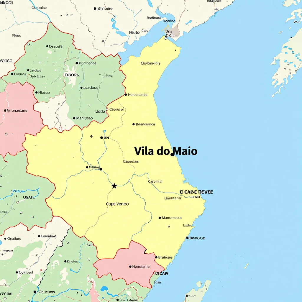 Political map showing borders, administrative divisions, major cities, and capital of Vila do Maio, Cape Verde