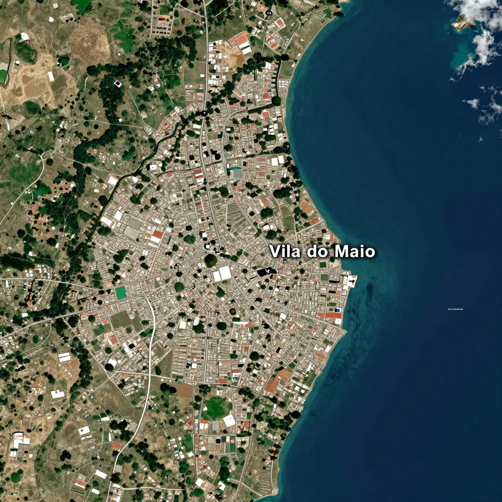 High-resolution satellite image of Vila do Maio, Cape Verde showing land cover, urban areas, and natural features from space