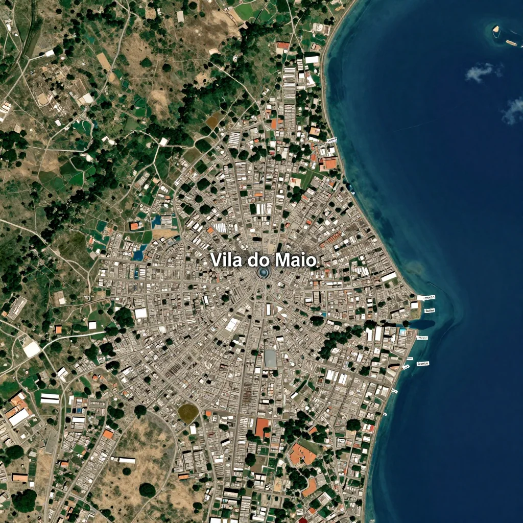 High-resolution satellite image of Vila do Maio, Cape Verde showing land cover, urban areas, and natural features from space